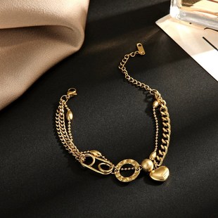 极速跨境2层爱心手錬欧美INS小众设H计镂空回纹针圆形钛钢手錬