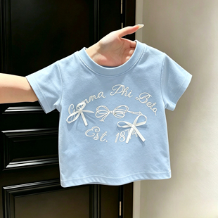 儿童短袖t恤夏季新款女童韩版纯棉蝴蝶结印花上衣宝宝百搭衣服潮