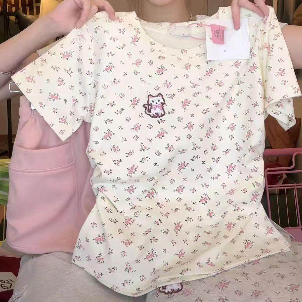 女童短袖T恤夏满印碎花圆领上衣