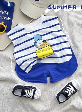 儿童套装夏季新款女男童纯棉条纹