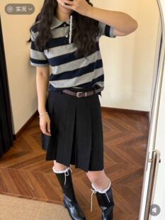 灰蓝条纹polo领短袖 T恤上衣女26春夏 经典 「复古学院」高智叠穿