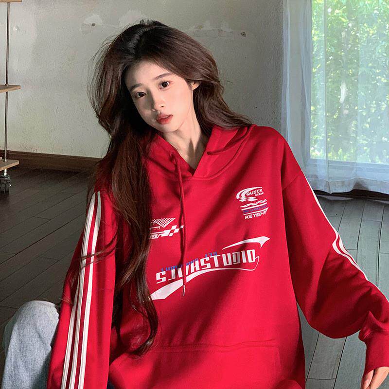 实拍卫衣男女情侣装薄款2025秋季新款口袋设计感印花连帽韩版上衣