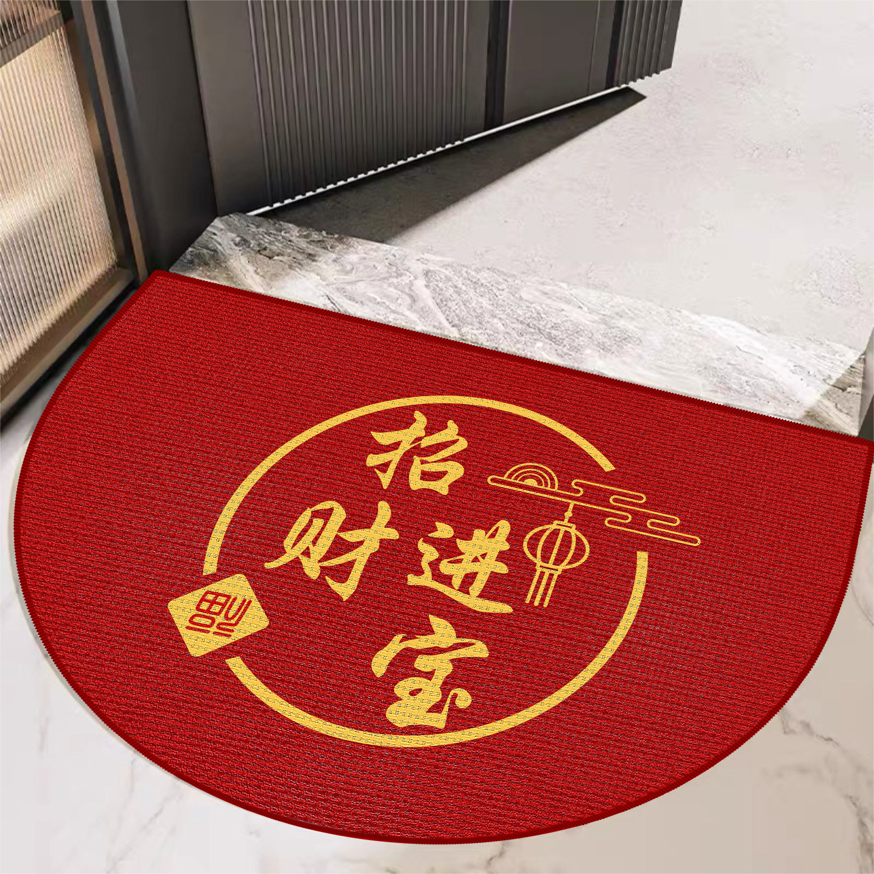 金色招财半圆亚麻防滑入户门垫