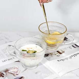 家用大容量早餐杯牛奶杯把手燕麦杯 创意复古浮雕杯太阳花玻璃杯