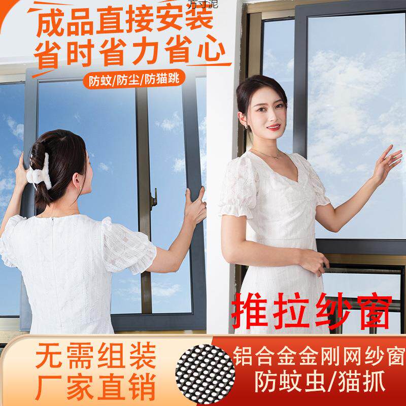 成品纱窗网自装推拉式防蚊平移防猫跳楼不锈钢沙窗门铝合金框