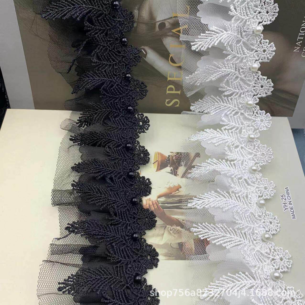 宽7cm双层水溶钉珠荷叶边褶皱蕾丝花边手工diy服装婚纱装饰材料