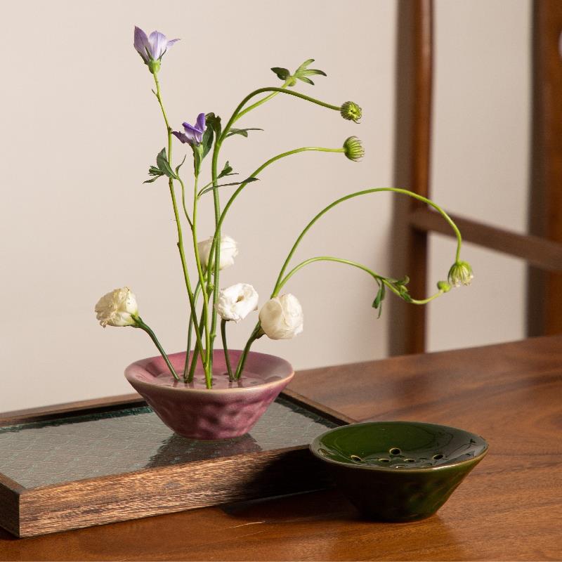 小众艺术设计插花器日式陶瓷花插滤水碗家居装饰品复古粗陶小摆件