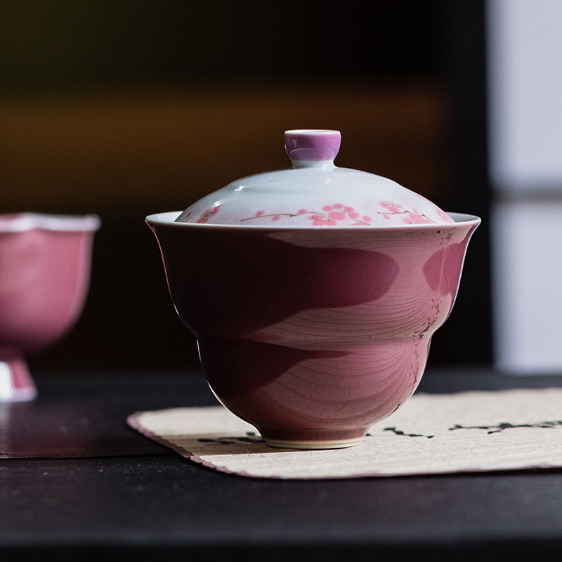 手绘梅花葫芦盖碗葡萄紫中式仿古陶瓷功夫茶具泡茶碗文人茶器茶杯