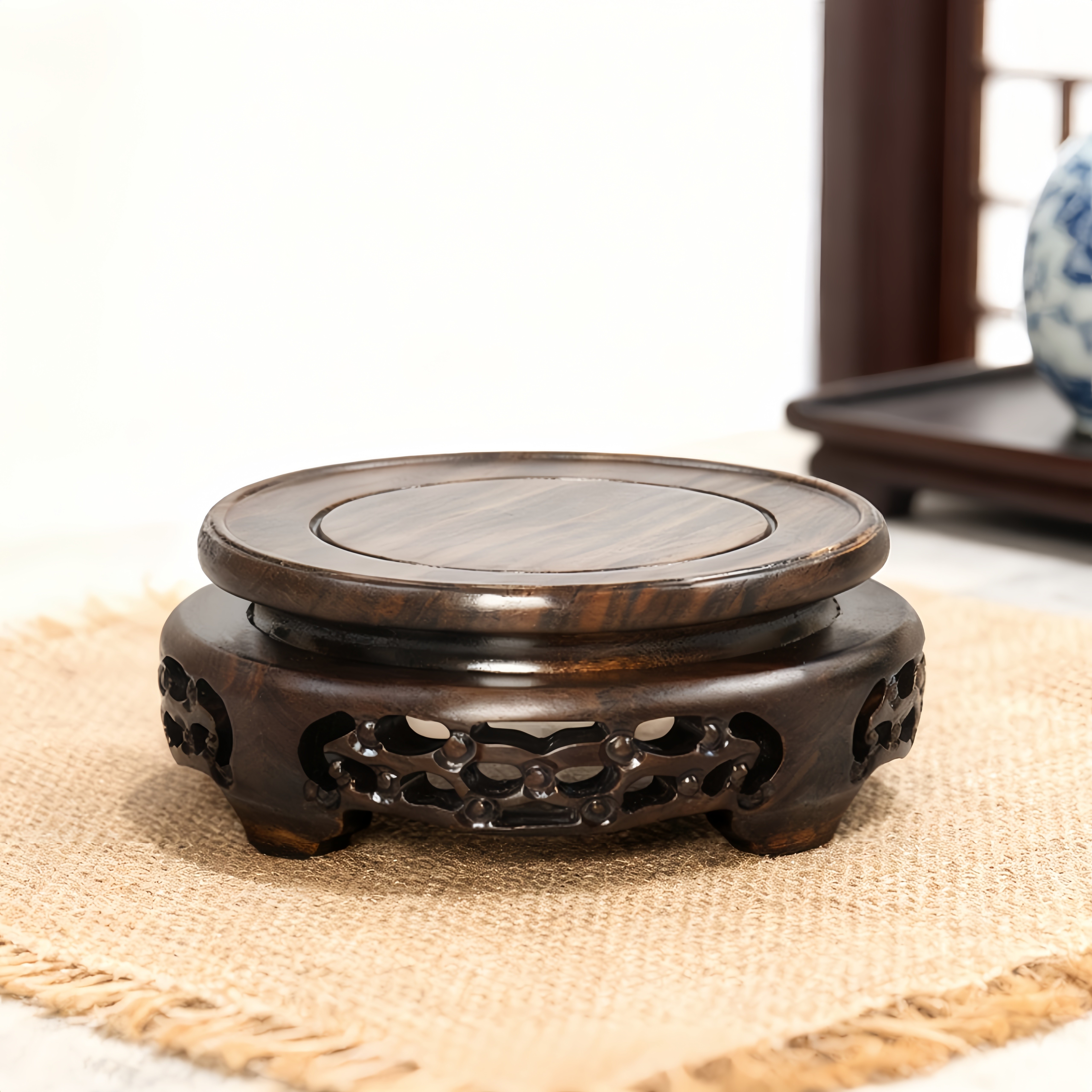 实木圆形鱼缸底座黑檀木花盆花瓶酒坛托架佛像工艺品石头摆件底座