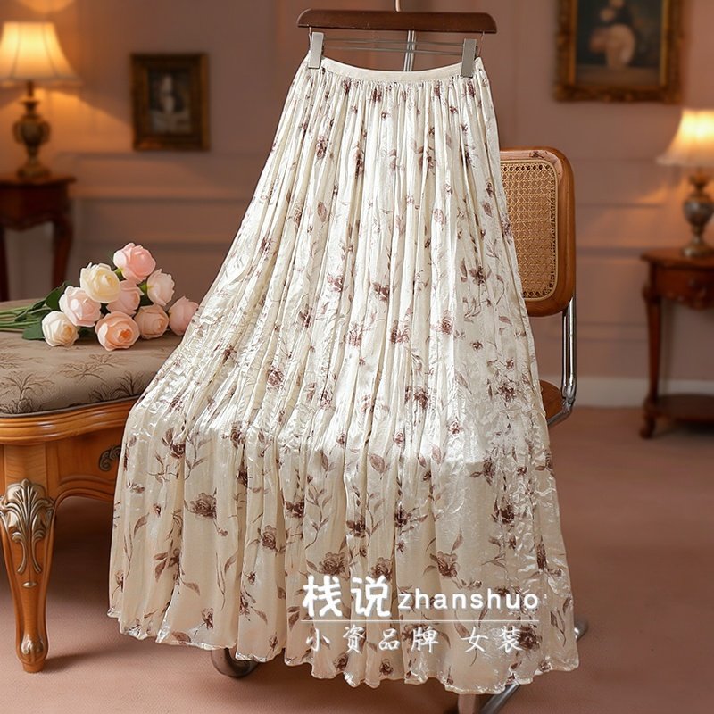 好看复古褶皱印花裙子半身裙女