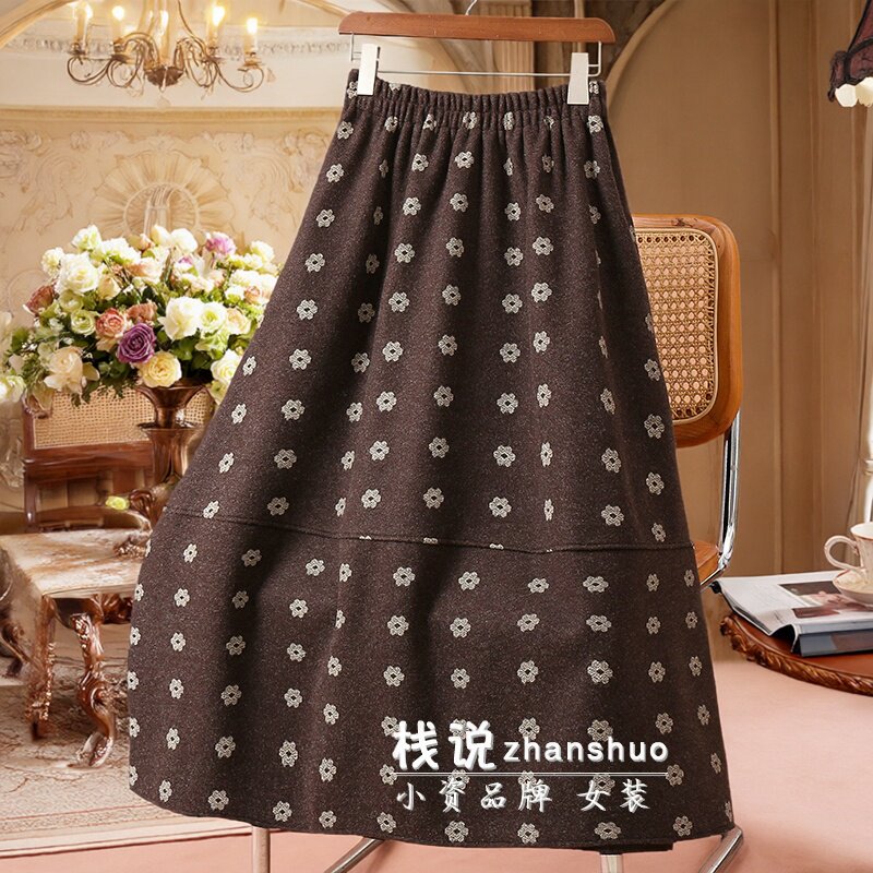 复古印花毛呢A字蓬蓬半身裙女