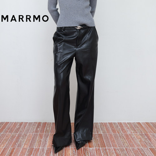 MARRMO/马髦26秋季新款蛋白皮高腰休闲宽松松弛感直筒腰带长裤女