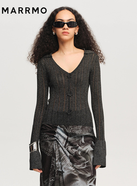 MARRMO/马髦2026春季新款修身高级感V领花朵银葱针织套头衫女上衣