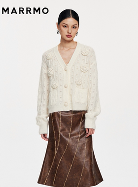 MARRMO/马髦 冬季新款宽松百搭手工钩花V领高级羊毛开衫上衣女
