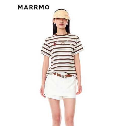 MARRMO/马髦夏季新款海洋世界刺绣装饰百搭条纹T恤圆领上衣