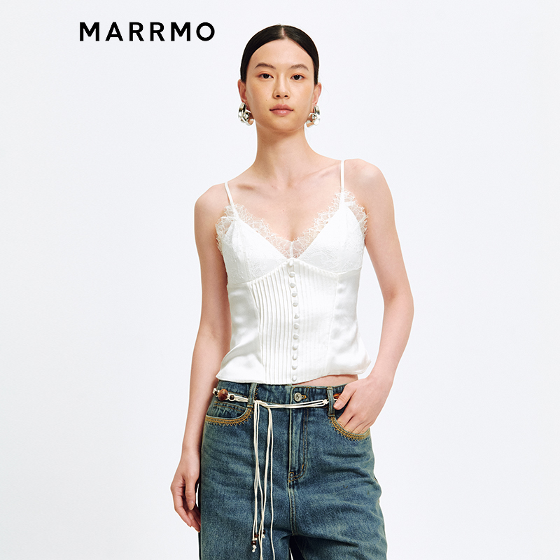 MARRMO马髦醋酸褶皱蕾丝吊带上衣