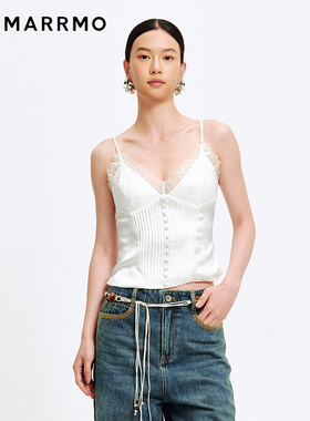 MARRMO/马髦2025年秋季新款修身醋酸褶皱蕾丝吊带上衣设计师品牌