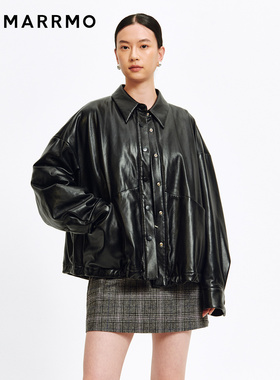 MARRMO/马髦2025年冬季新款百搭蛋白皮大口袋皮夹克式棉服外套女