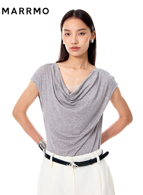MARRMO/马髦2025夏季新款休闲淡人穿搭蕾丝荡领拼接套头衫女上衣