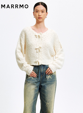 MARRMO/马髦 2025秋季新款高级手工蝴蝶结装饰羊毛针织毛衣女开衫