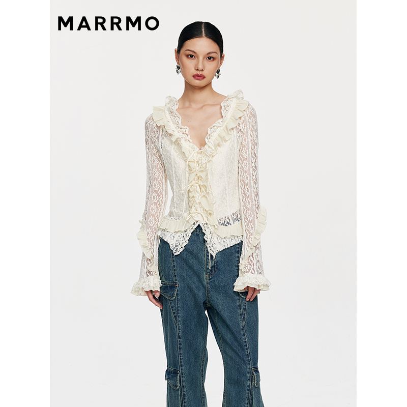 蕾丝木耳边长袖套头衫MARRMO