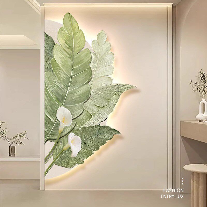 原木风入户玄关装饰画小清新绿植走廊尽头过道竖版客厅背景墙挂画