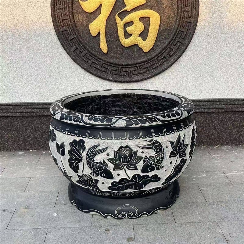 中式石雕鱼缸荷花雕刻圆形水缸庭院装饰摆件做旧门海仿古雕刻花盆