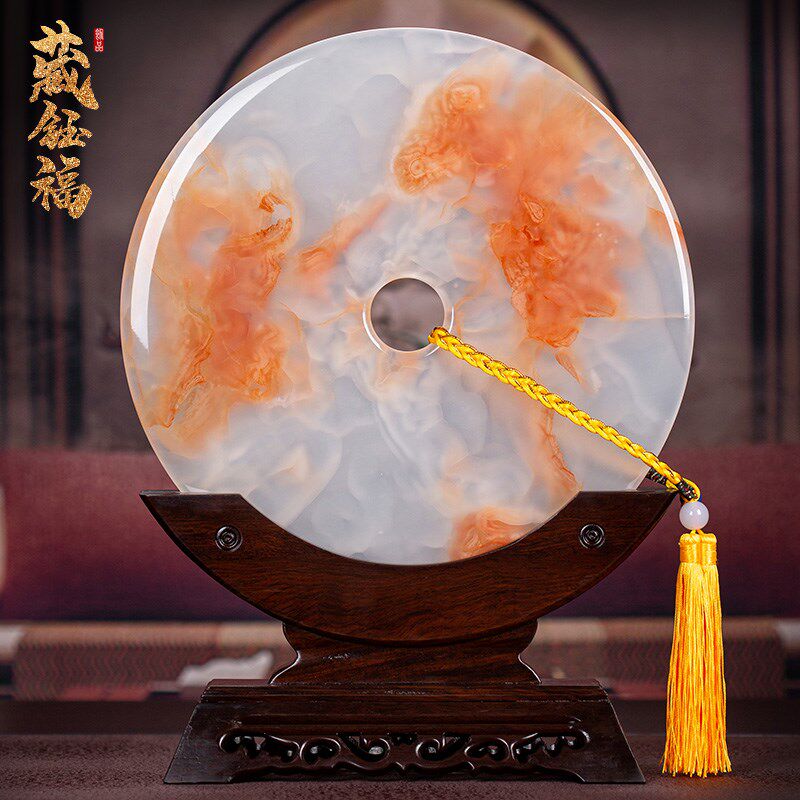 天然红花冰玉石平安扣摆件刻字客厅玄关电视柜乔迁开业送礼装饰品