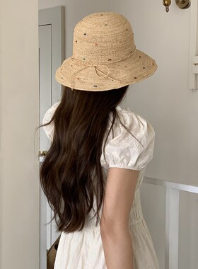 芝士商店~海边防晒草帽女夏天拉菲草帽法式度假风编织遮阳帽