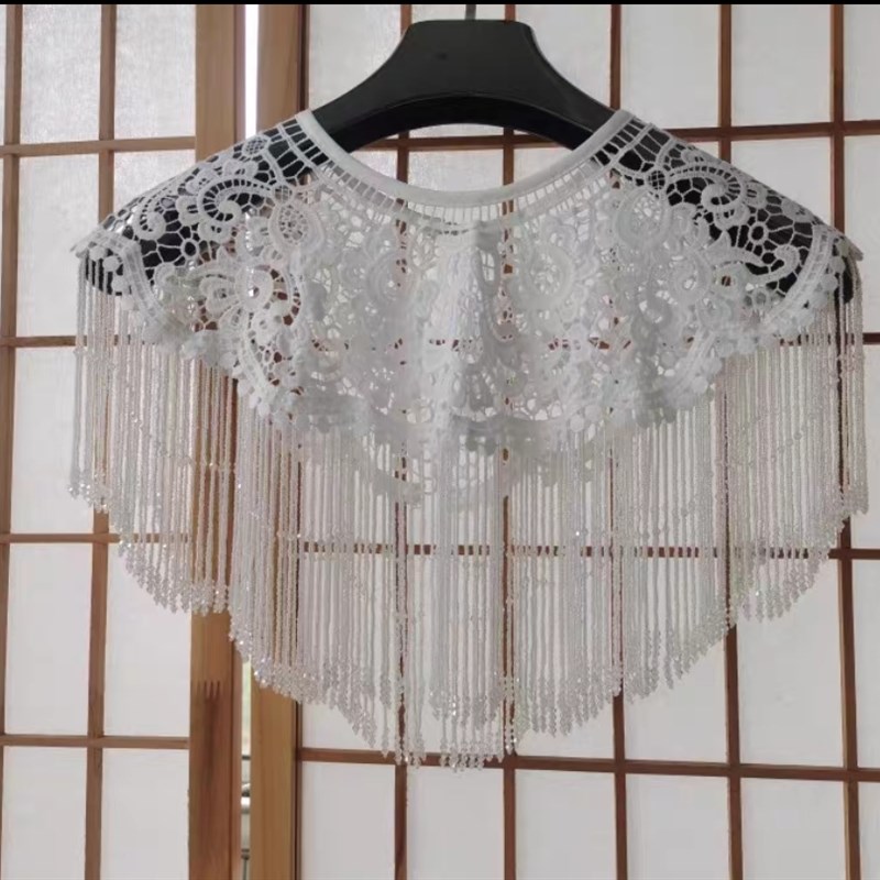 卿本佳人蕾丝米珠流苏云肩搭配汉服旗袍裙子珍珠流苏披肩舞台表演