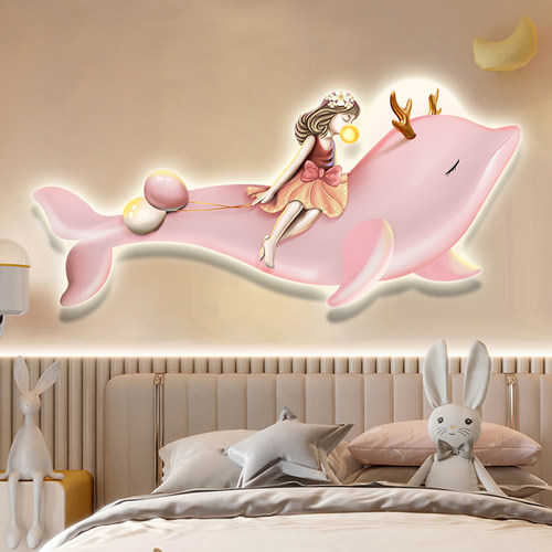 儿童房卧室床头装饰画女孩挂画公主房间LED氛围灯画海豚少年壁画