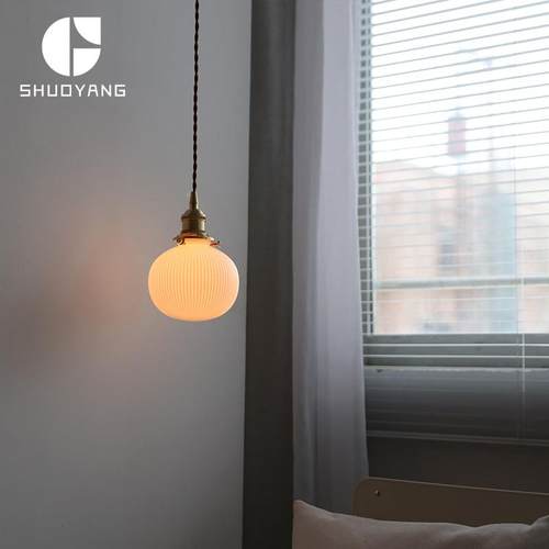 日式白玻璃吊灯北欧简约茶室玄关吧台卧室床头设计师极简圆球吊灯