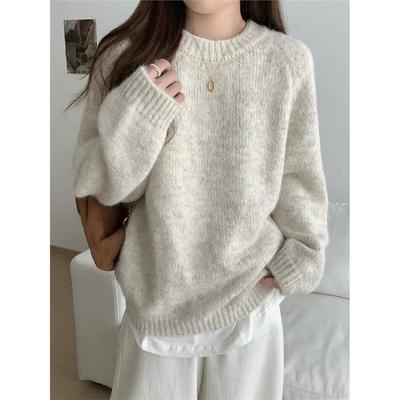 韩系慵懒风毛衣女秋冬季新款圆领软糯内搭宽松长袖套头针织衫上衣