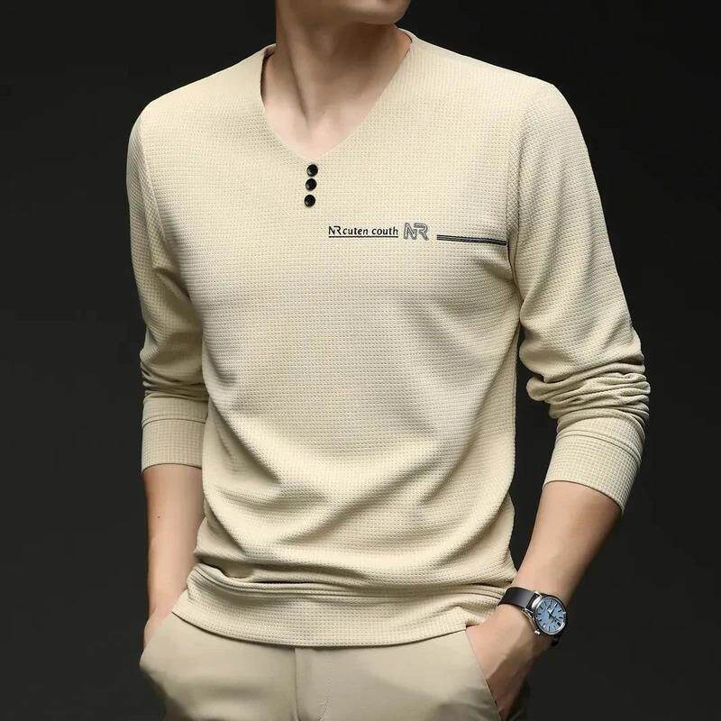 哈福路易轻奢服饰春男士款长袖休闲卫衣v领薄款休闲时尚大码T恤上