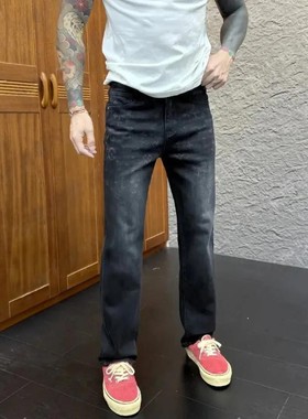 洋乐多严选简欧轻奢秋冬时尚印花牛pn仔裤y休闲百搭黑灰色男直筒