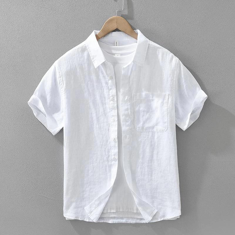 翰世服饰5亚麻清新短袖衬衫百搭文艺休闲衬衣男麻料宽松透气凉感