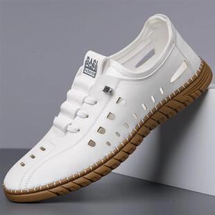 聚鑫云步夏季薄款软底透气休闲镂空皮鞋男士一脚蹬小白洞洞鞋
