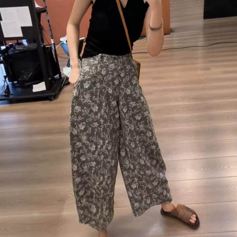 韩式高腰碎花阔腿裤女2026夏季新款宽松显瘦百搭松紧腰九分直筒裤