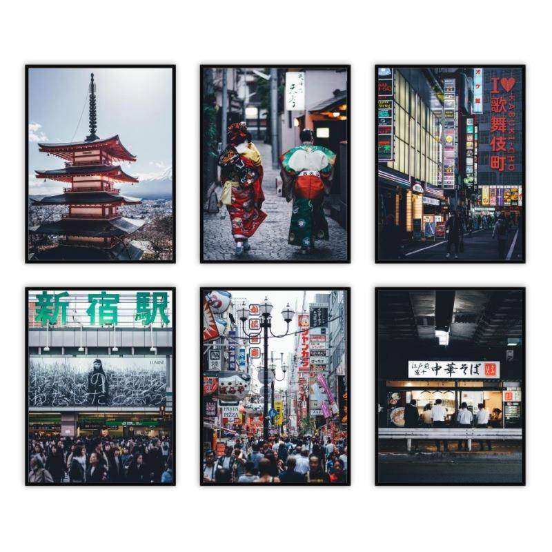 日式寿司料理店装饰画和风餐厅日本烤肉建筑街景居酒屋背景墙挂画图片