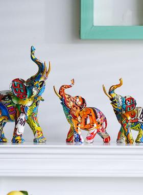 跨境创意工艺品欧式炫彩水转印大象摆件家居客厅办公室涂鸦装饰品