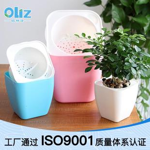 欧林泽花盆现货G方形彩色塑料创意自动吸水带棉绳大号懒人盆景