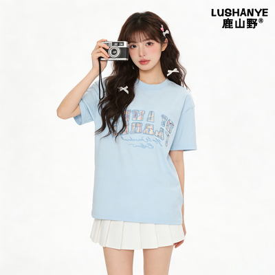 鹿山野 严选宽松韩系chic慵懒风圆领短袖t恤女2026夏季新款百搭潮