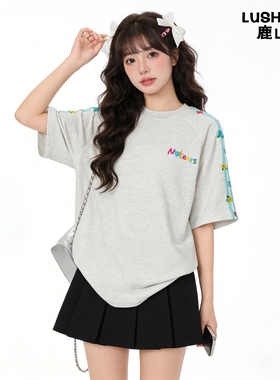 鹿山野 严选重磅彩色刺绣纯棉oversize不撞衫通勤气质短袖T恤上衣