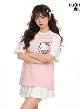 鹿山野 严选软萌kt猫插肩袖短袖T恤2026新款甜美通勤撞色拼接上衣
