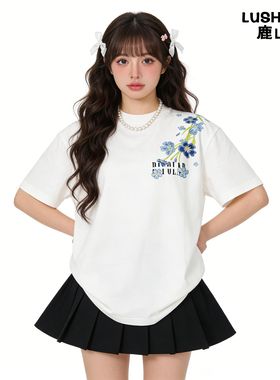 鹿山野 严选国潮牌重工刺绣纯棉短袖t恤男女夏季宽松百搭美式上衣