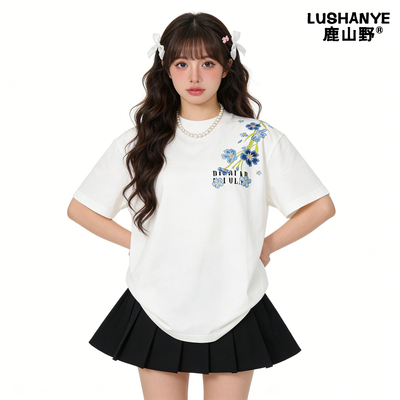 鹿山野 严选国潮牌重工刺绣纯棉短袖t恤男女夏季宽松百搭美式上衣