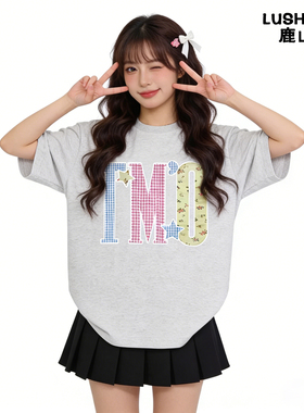 鹿山野 严选日系学院甜美风百搭宽松短袖T恤女多巴胺字母元气上衣