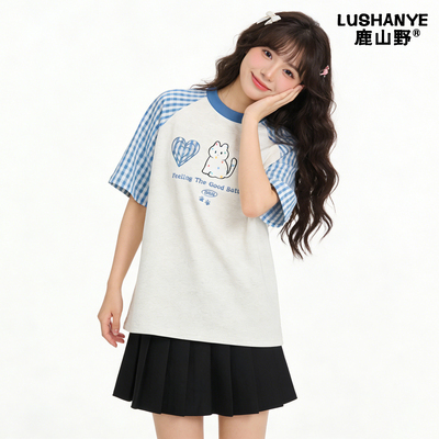 鹿山野 严选回头率超高!!撞色插肩新款多巴胺甜酷T恤百搭独特上衣