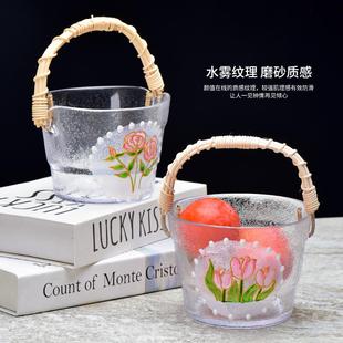 法兰晶玻璃水果盘客厅家用轻奢风茶几果盘高颜值藤编手提果篮