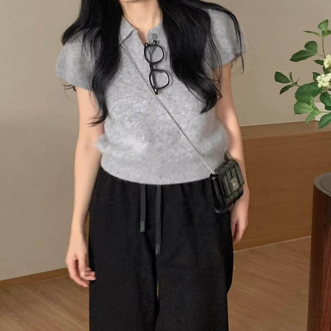 2024潮款polo衫女款短袖毛绒小香风毛绒针织衫毛衣短袖毛衣短袖